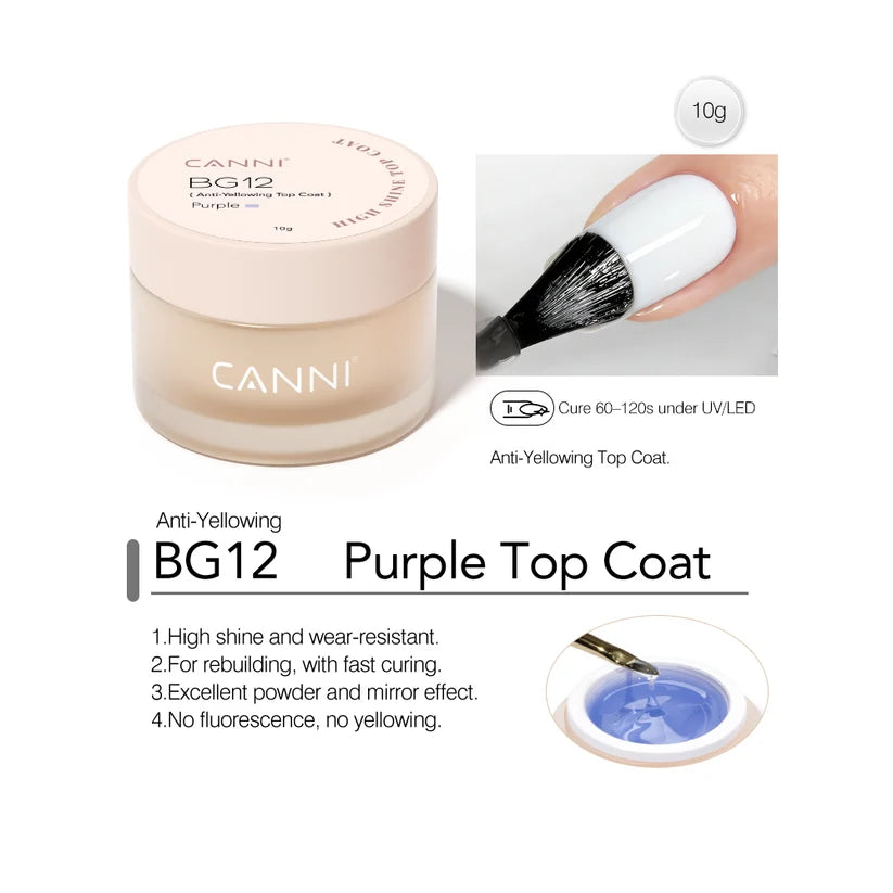 CANNI High Shine Purple Top Coat BG12 – lesklý vrchný gél, 10 g