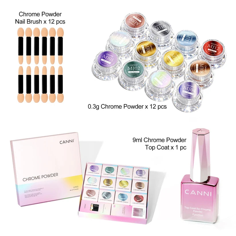 CANNI Chrome Powder Set – sada chrómových práškov na nechty 12 × 0,3 g + Top Coat 9 ml