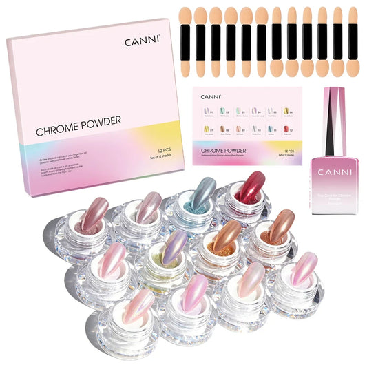 CANNI Chrome Powder Set – sada chrómových práškov na nechty 12 × 0,3 g + Top Coat 9 ml